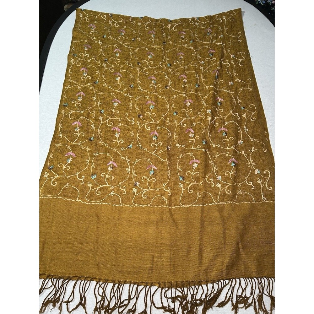 Mustard gold pashmina like scarf/wrap with floral embroidery, autumn, fall, boho